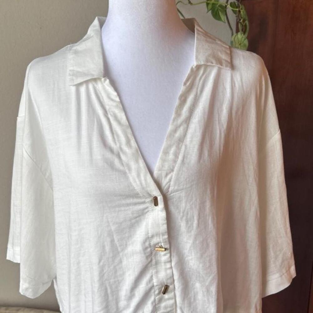 Kirious white rayon linen Blouse gold buttons minimalist Crop XL